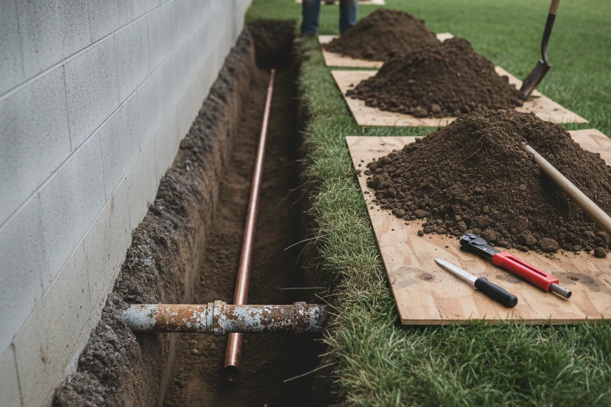 Excavated water line trench during Sewer Line Repair in Durango